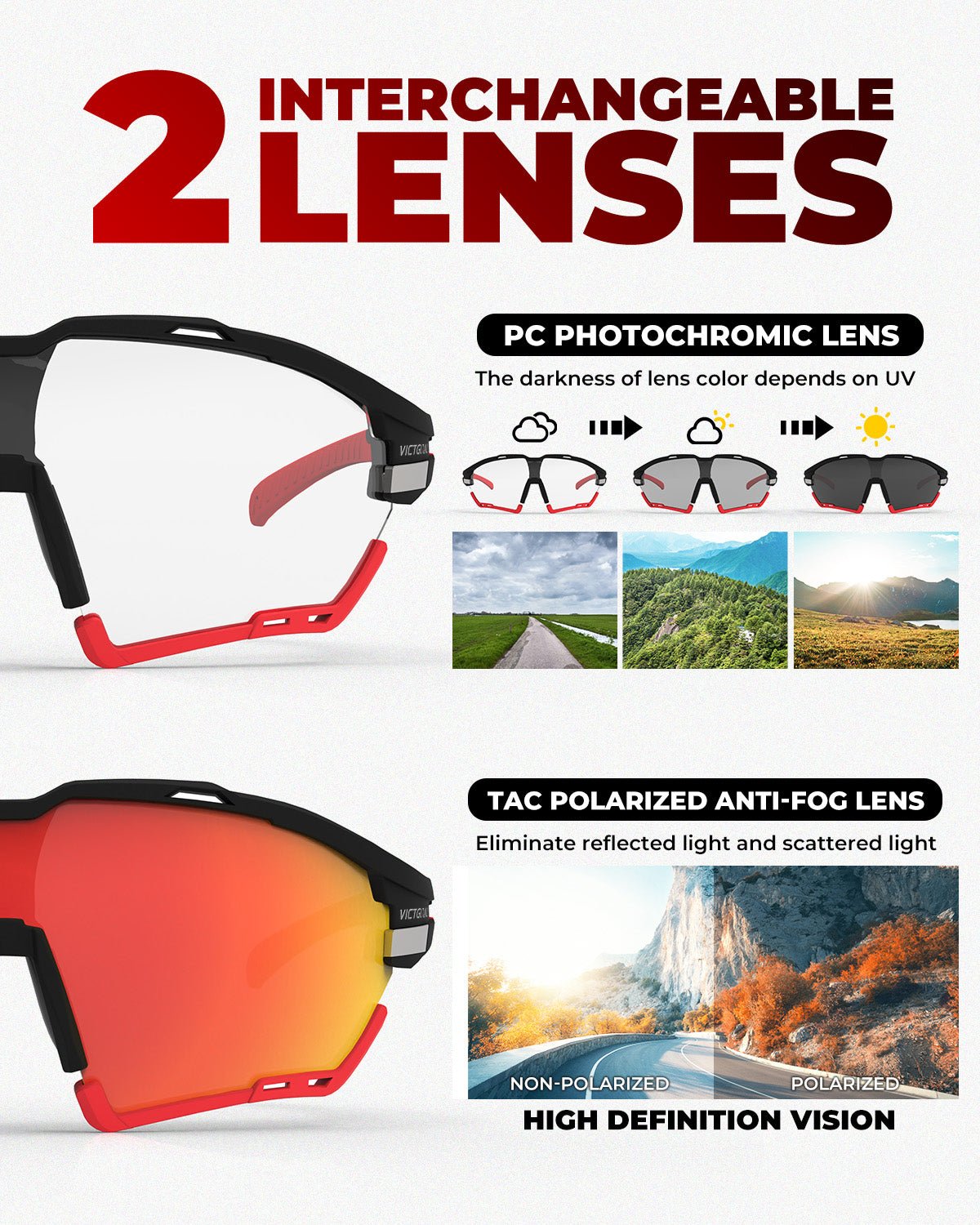 VICTGOAL Cycling Glasses for Men Women with Polarized and Photochromic 2 Lenses Clear MTB Road Bike Running Sports Sunglasses VICTGOAL