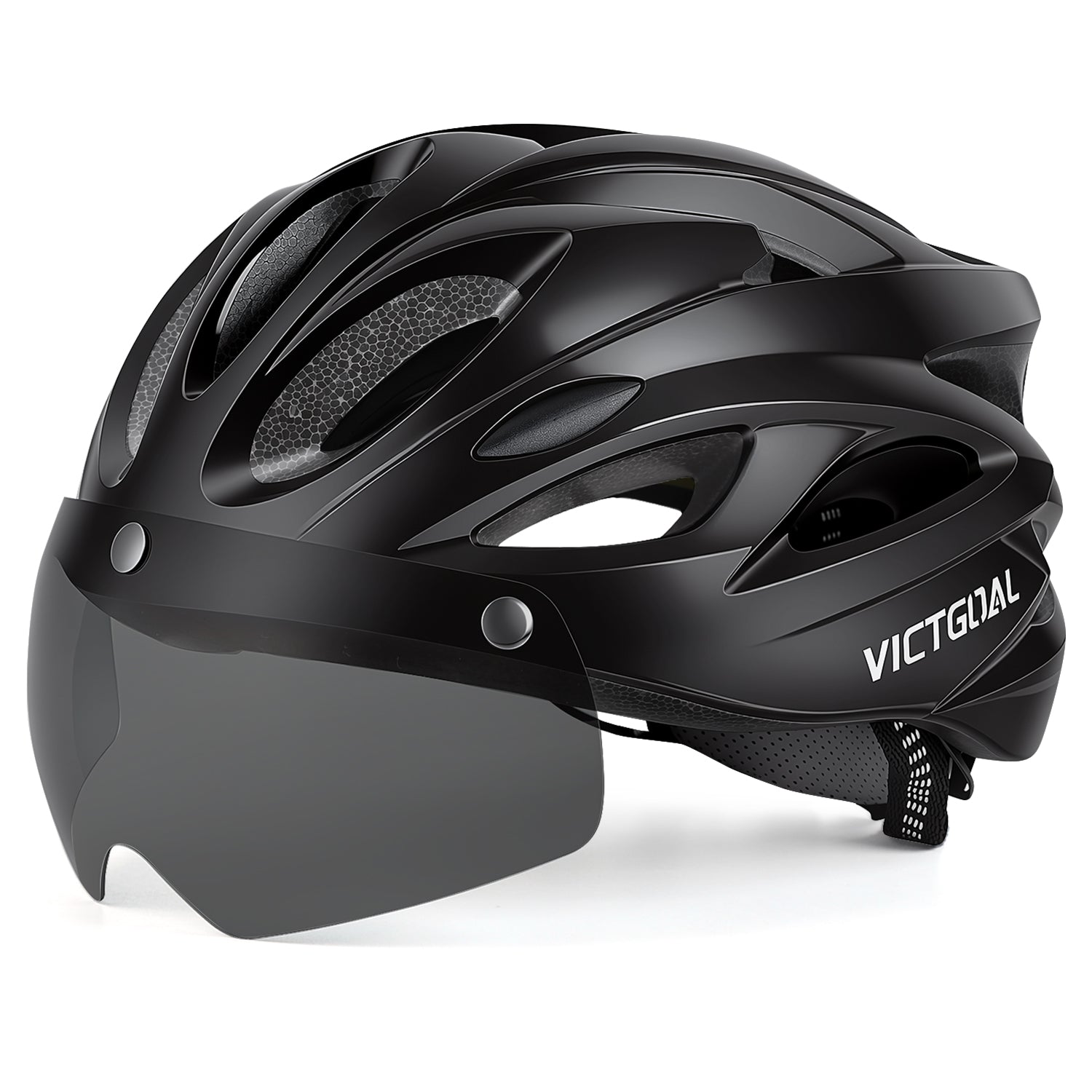 Black VICTGOAL helmet with tinted shield, side view