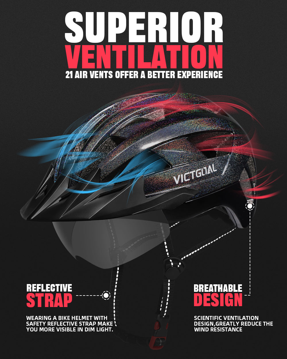 GLITTER Bike Helmet with Goggles, Visor & Rear Light Black / M