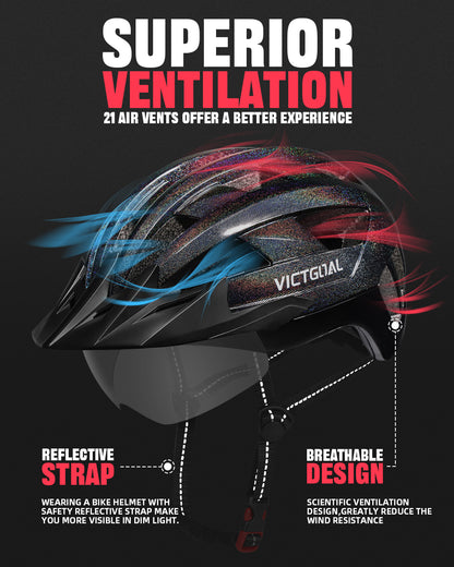 GLITTER Road Bike Helmet w/ Sun Visor, Magnetic Goggle & LED Rear Light