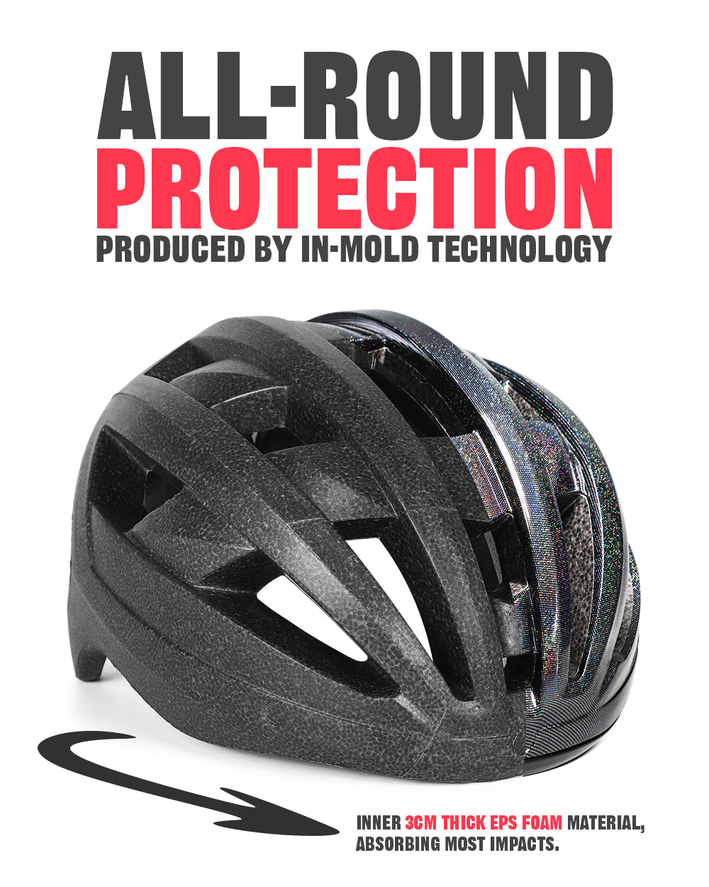GLITTER Bike Helmet with Goggles, Visor & Rear Light Black / L