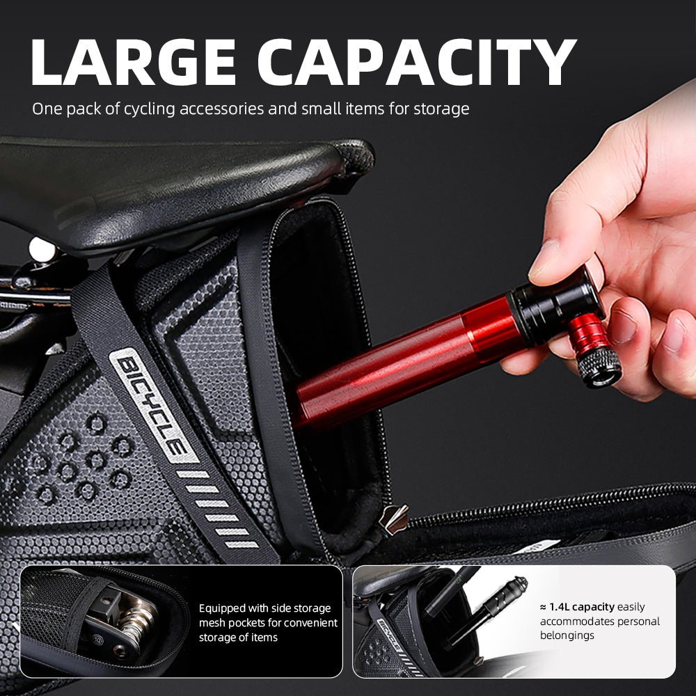 Bike saddle bag zipper and storage profile
