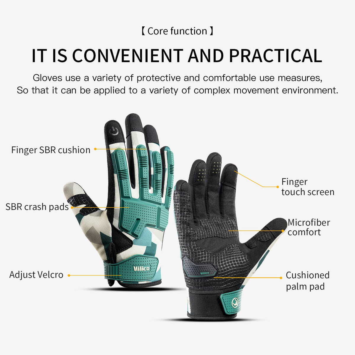 Motorcycle and bike gloves for grip, shock support and control