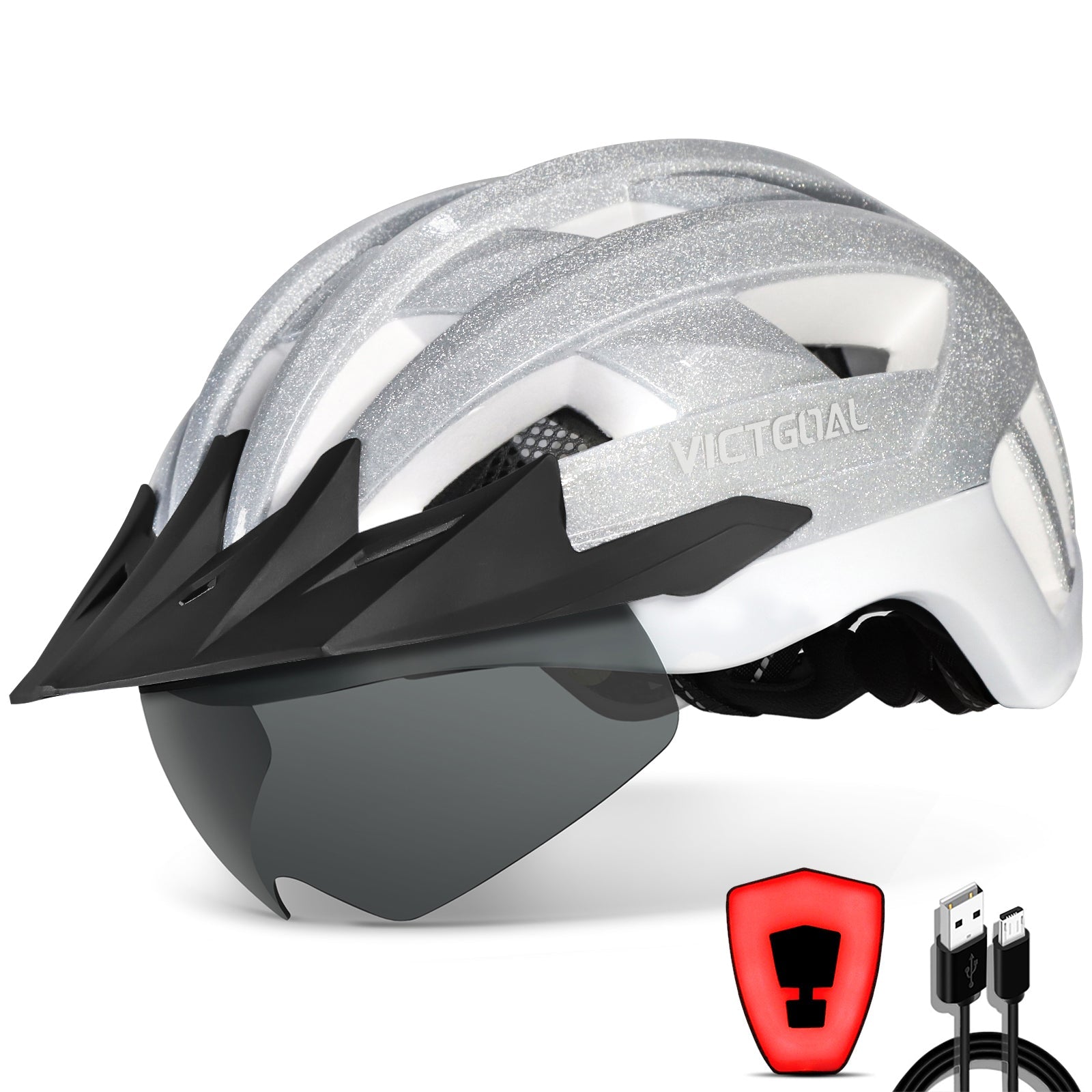 GLITTER Bike Helmet with Goggles, Visor & Rear Light Black / L