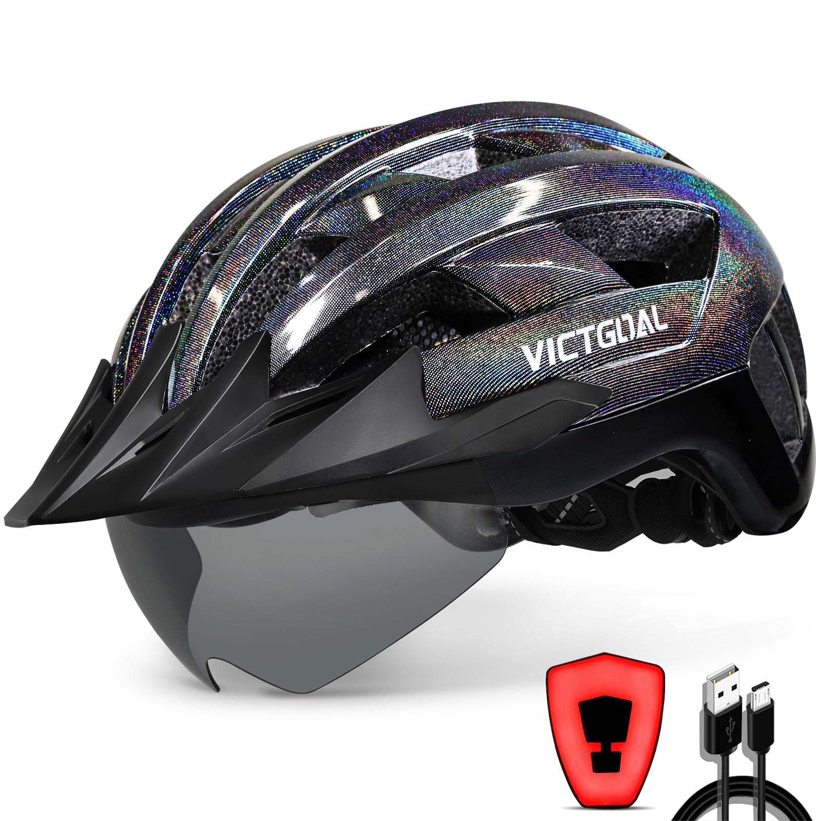 GLITTER Road Bike Helmet w/ Sun Visor, Magnetic Goggle & LED Rear Light Bike Helmet - Adult VICTGOAL feature - magnetic - goggles feature - rear - light feature - visor