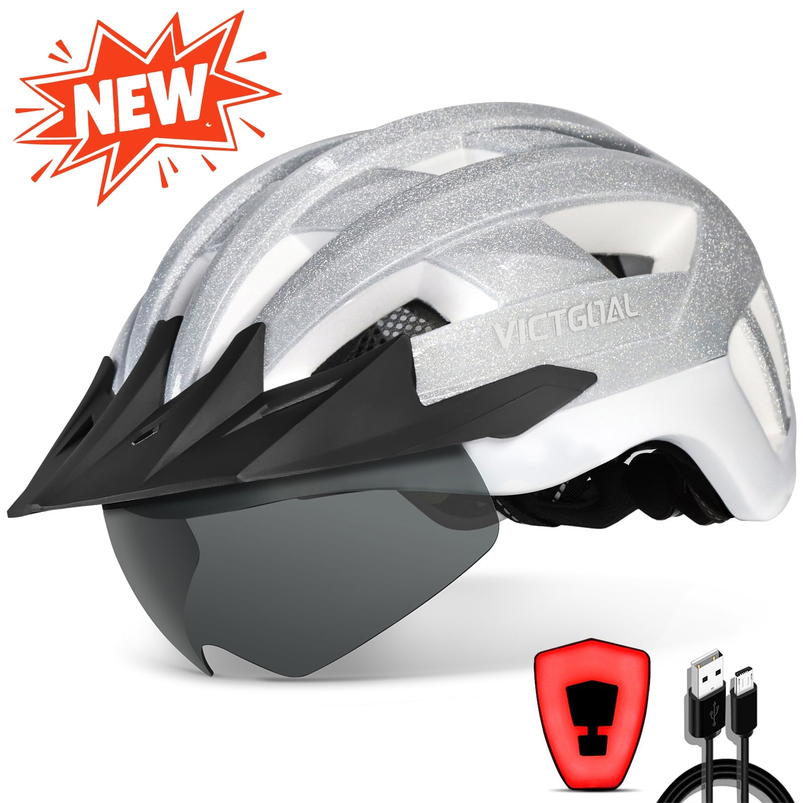 Victgoal Bike Helmet With USB Rechargeable Rear Light Detachable Magnetic Goggles Removable Sun Visor Mountain Road Bicycle Helm