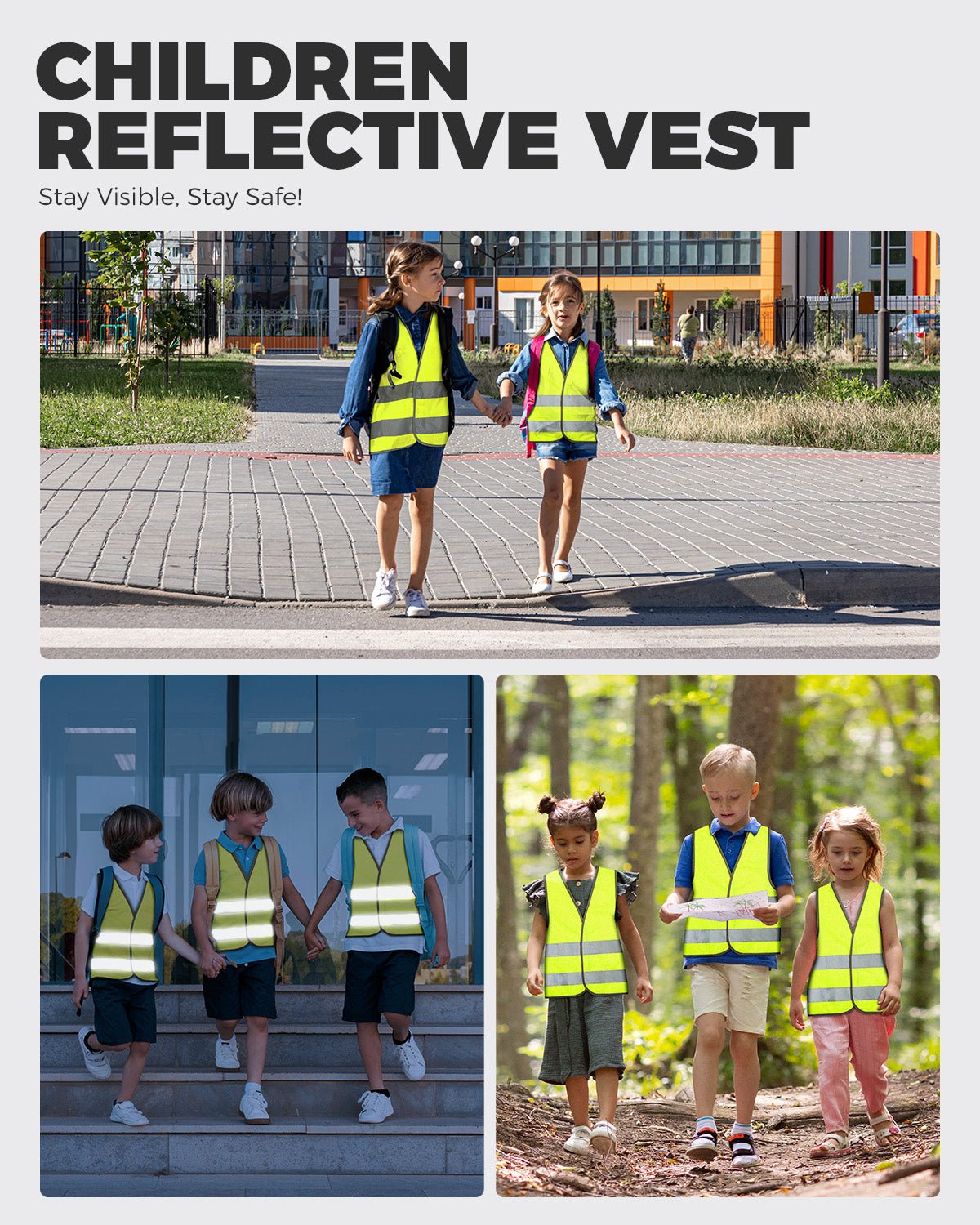 Child safety vest reflective strip and fastening detail