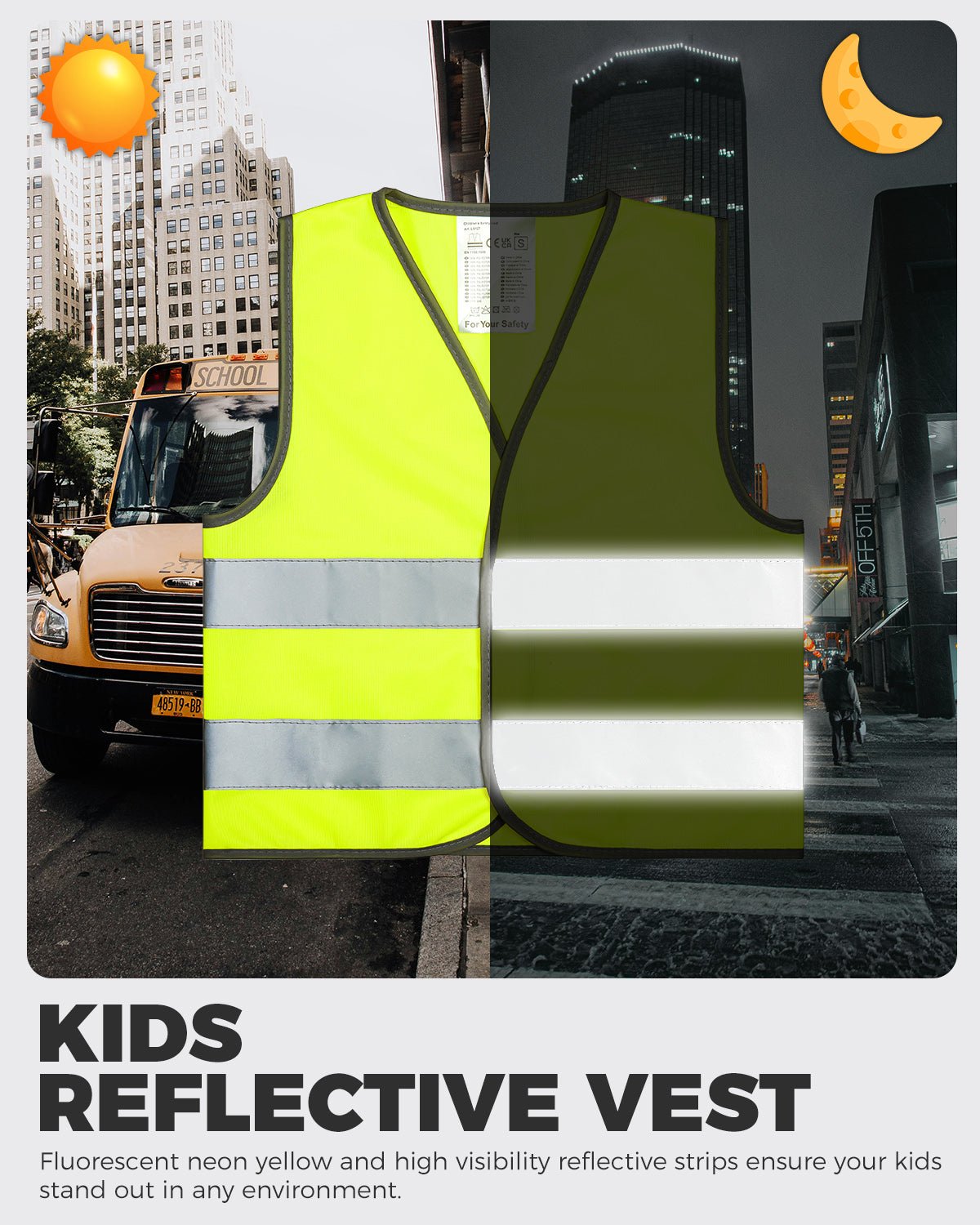 Child high-visibility safety vest for biking, scooters and walking