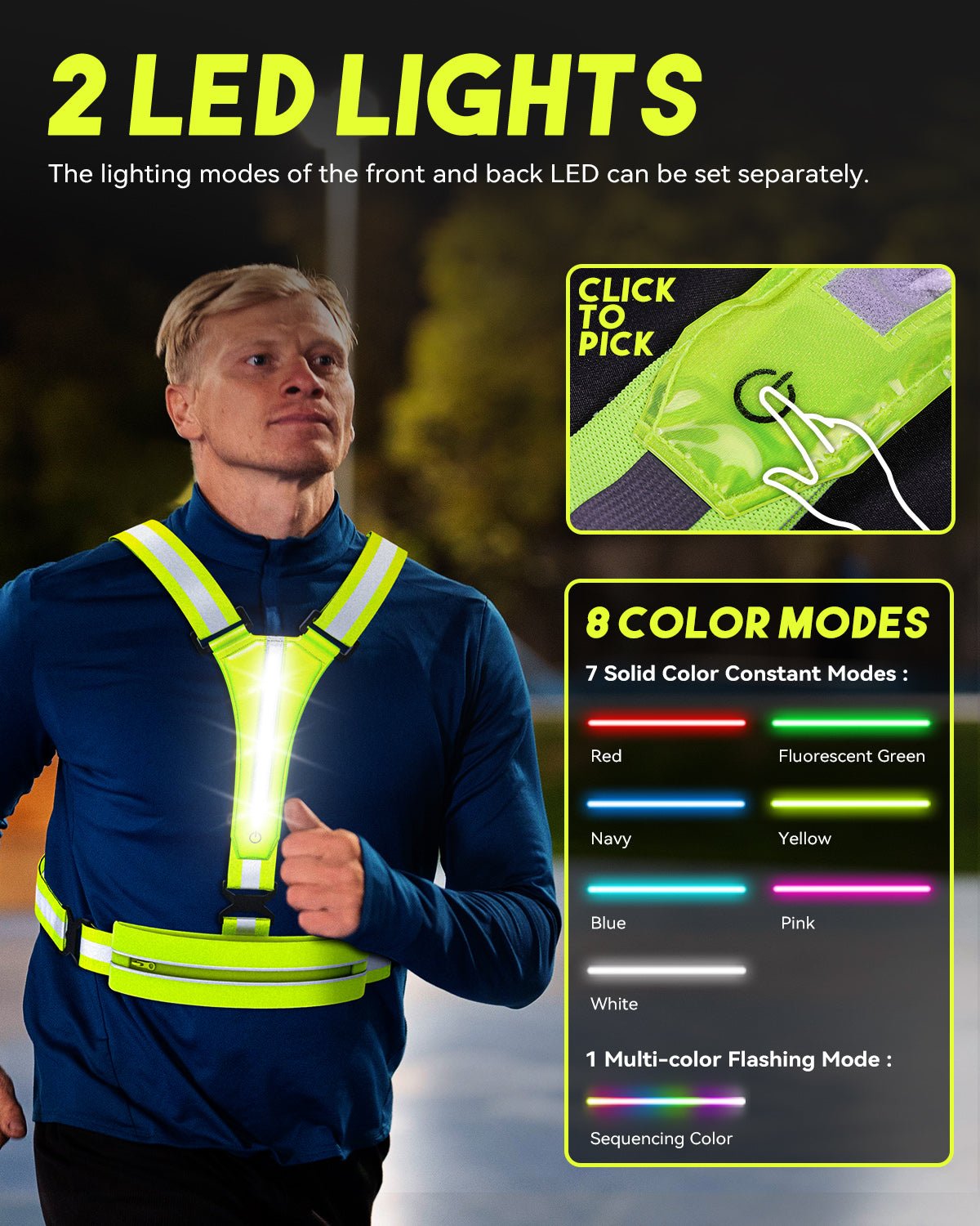 Rechargeable light-up safety vest with seven LED color modes