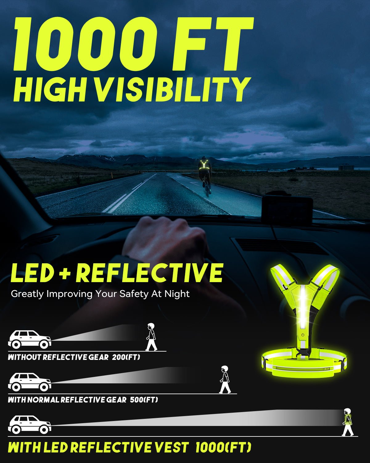 High-visibility running gear for night walks, cycling and outdoor training