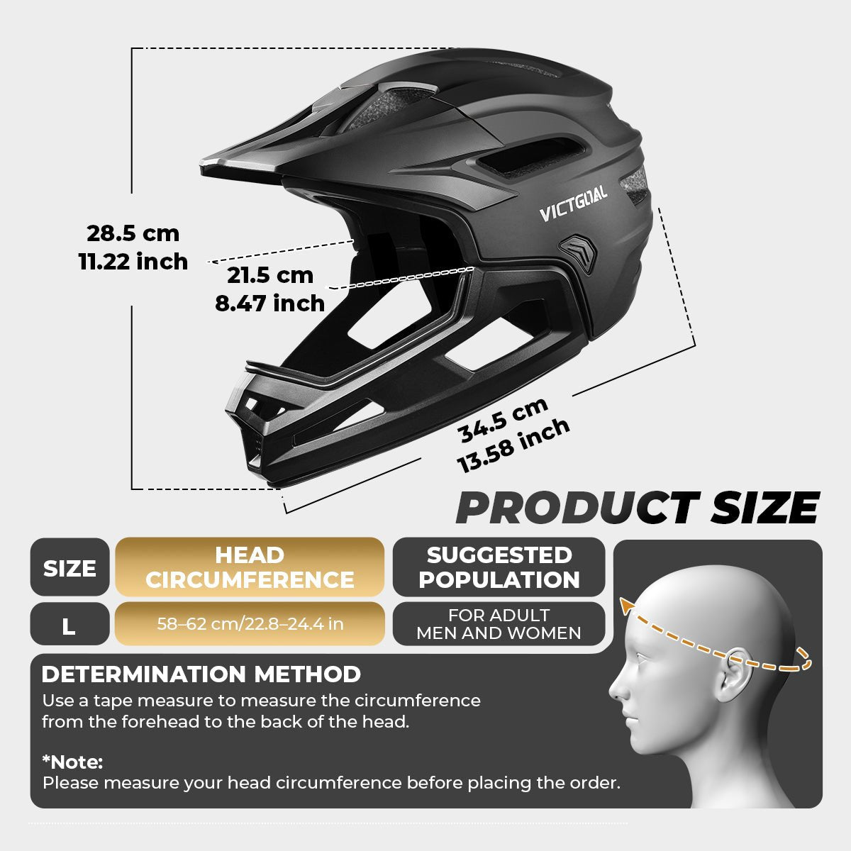 VA145 full-face MTB helmet size chart: Large fits 58-62 cm (22.8-24.4 in) head circumference