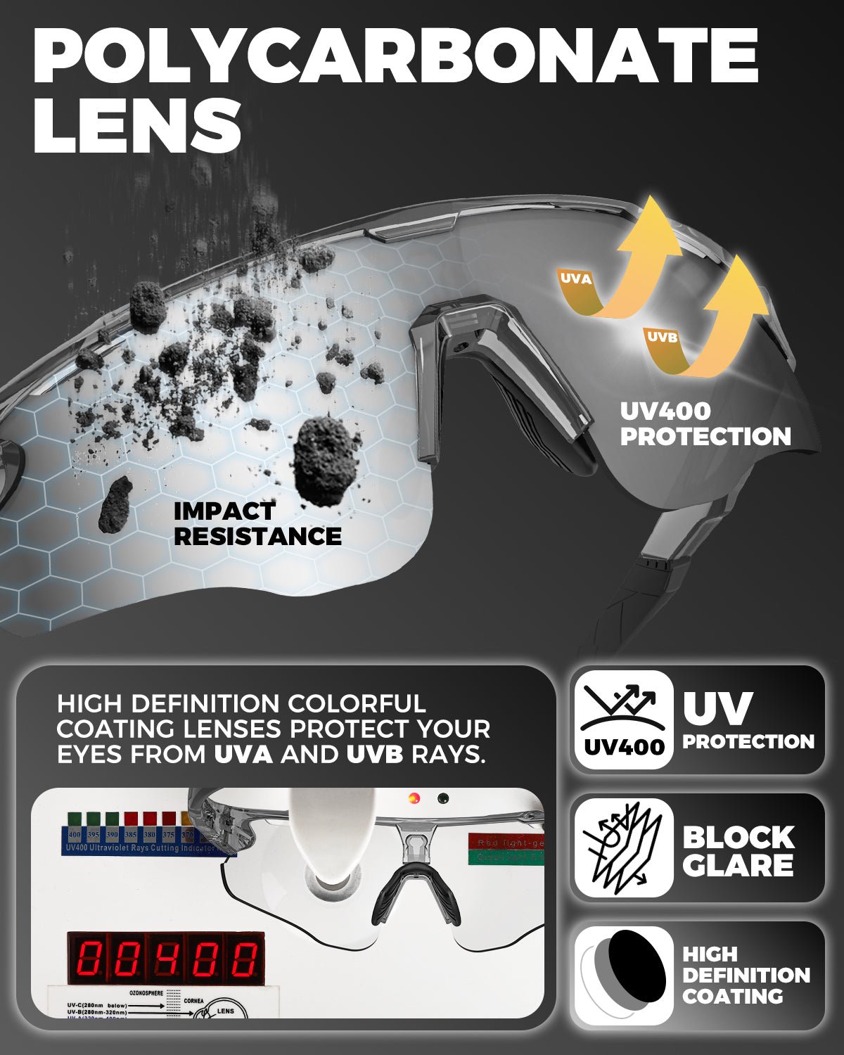 Photochromic sports glasses lens and TR90 frame view