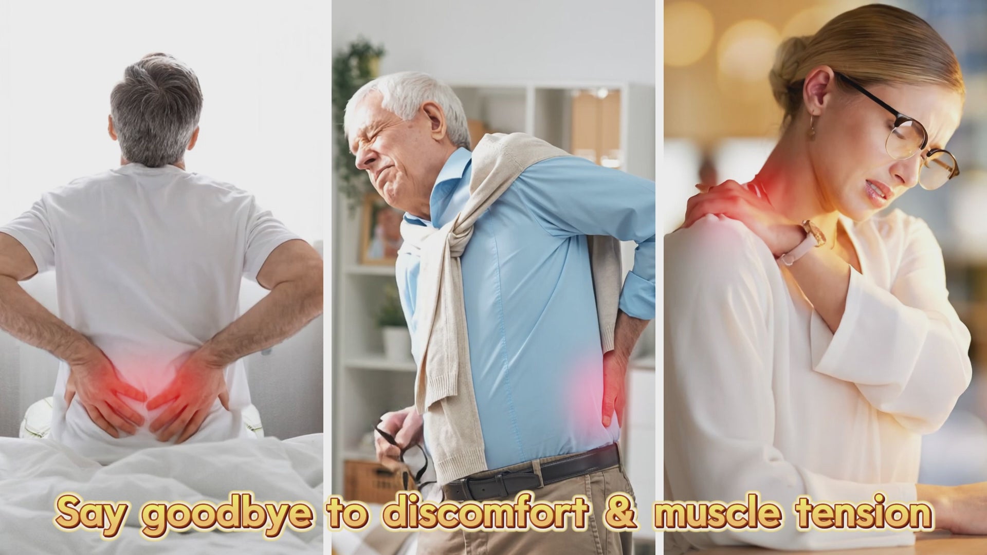 Adults showing back, shoulder and neck discomfort in a body wrap demonstration