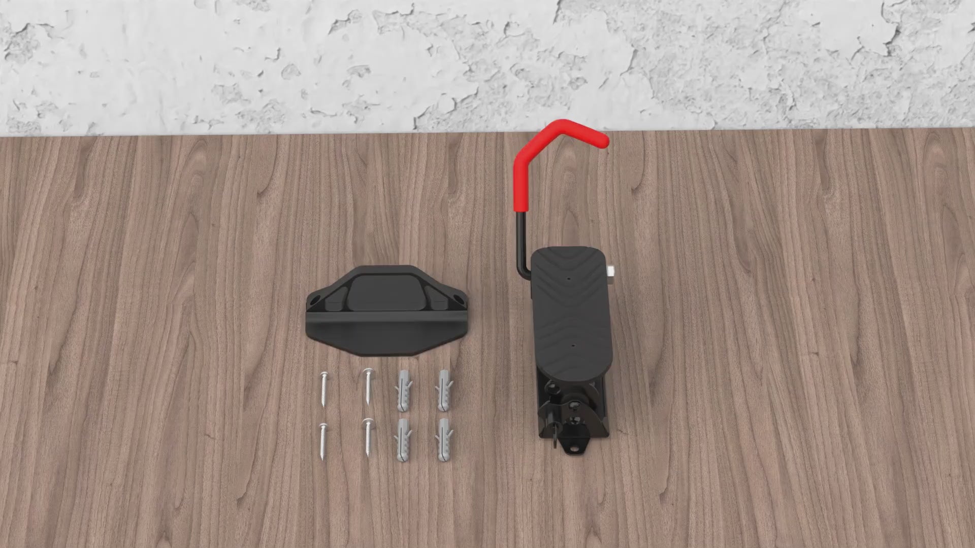 Swivel bike wall rack, mounting plate and hardware laid out for installation
