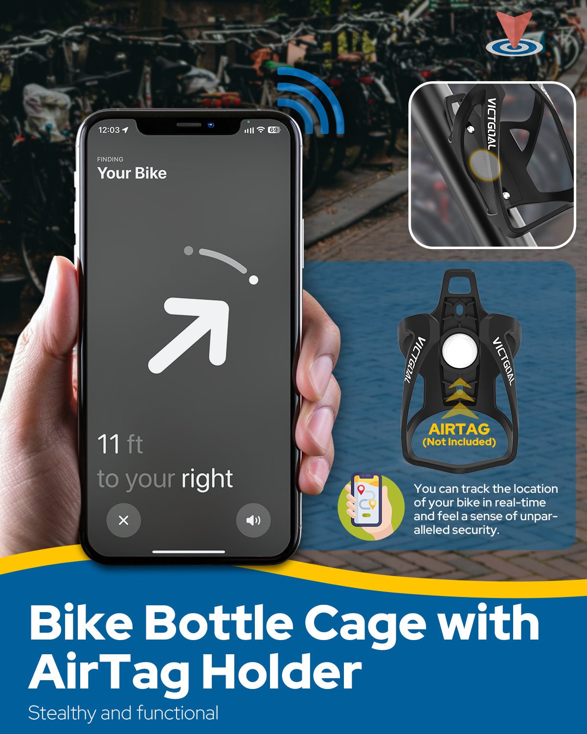 Bike bottle cage accessory with discreet tracker storage