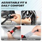 Helmet fit features including rear dial, removable pads, buckle and chin pad