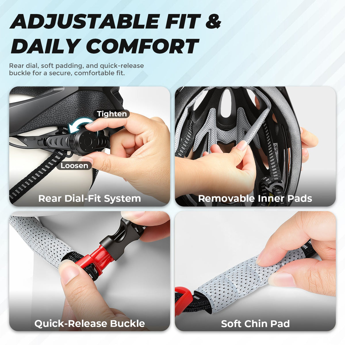 Helmet fit features including rear dial, removable pads, buckle and chin pad