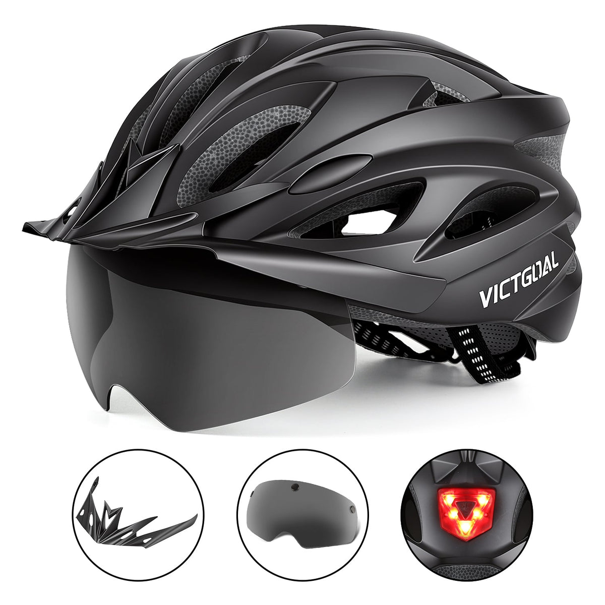 Black helmet with shield, visor and rear light accessory icons