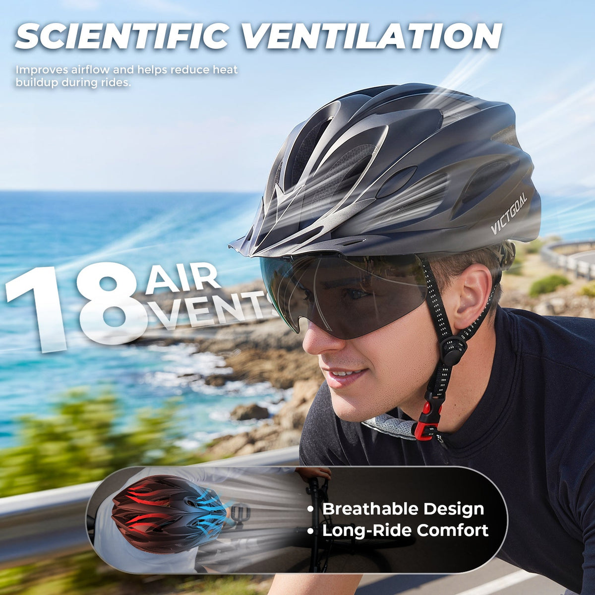 Cyclist wearing helmet with 18-vent airflow graphic