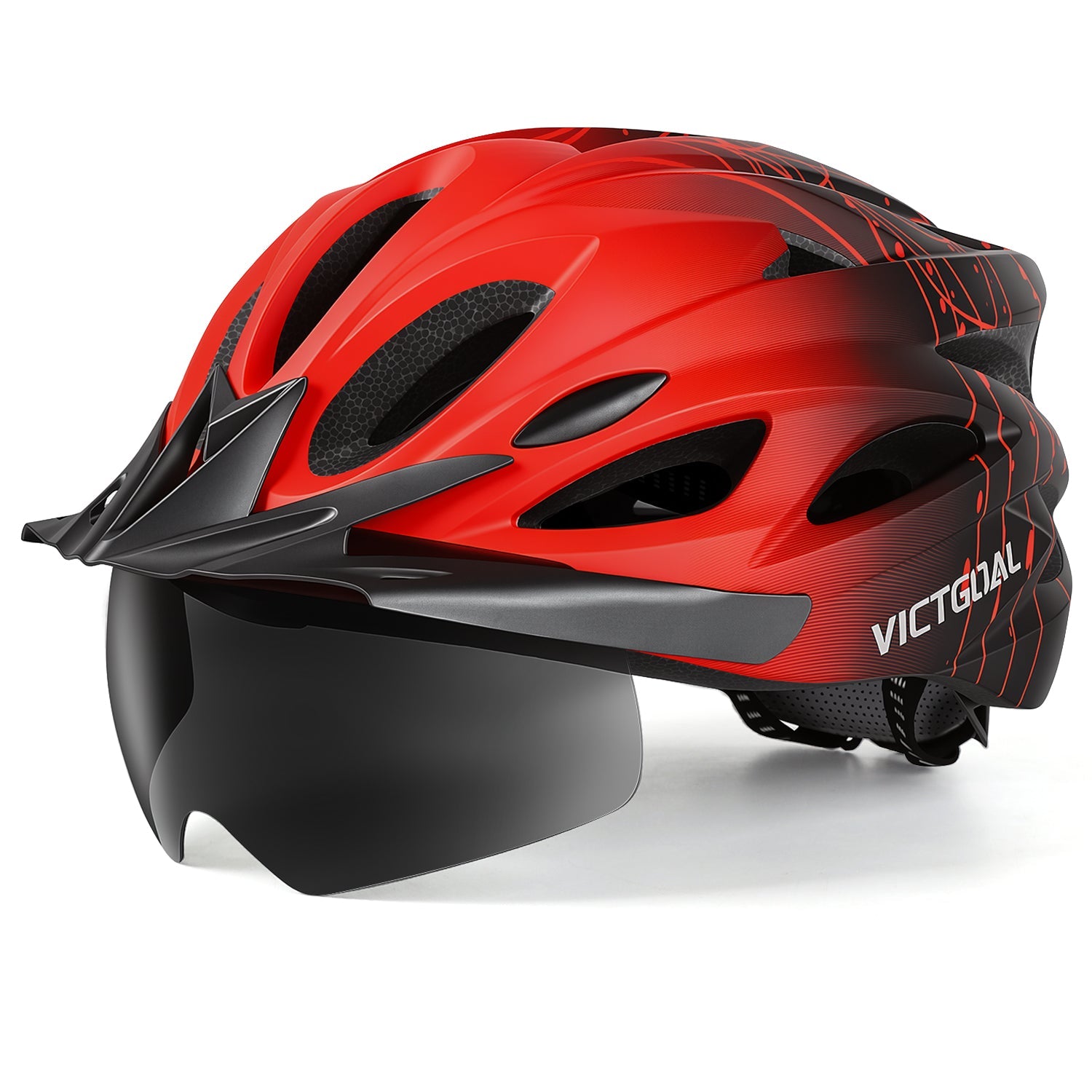 Red and black VICTGOAL helmet with tinted shield, side view