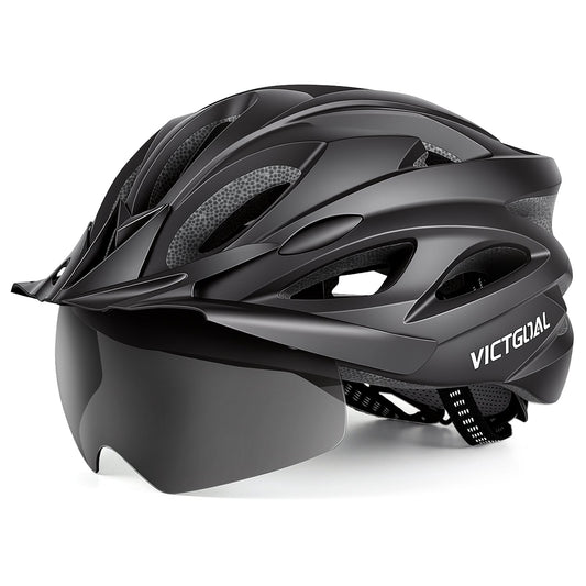 Black VICTGOAL bike helmet with large tinted shield, side view