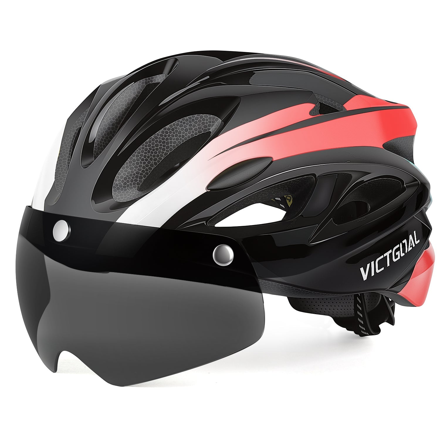 Black and red VICTGOAL helmet with tinted shield, side view