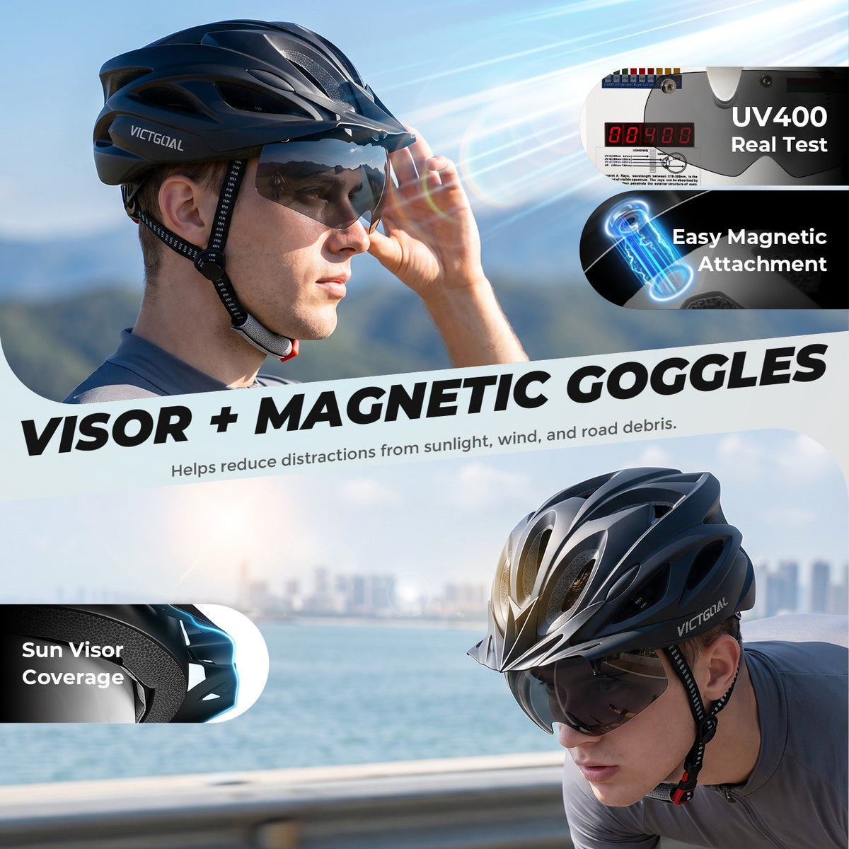 Close-up of helmet visor and magnetic goggle attachment
