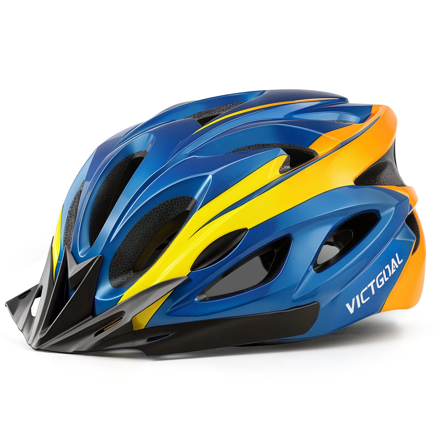 Blue and yellow VICTGOAL bike helmet, side view