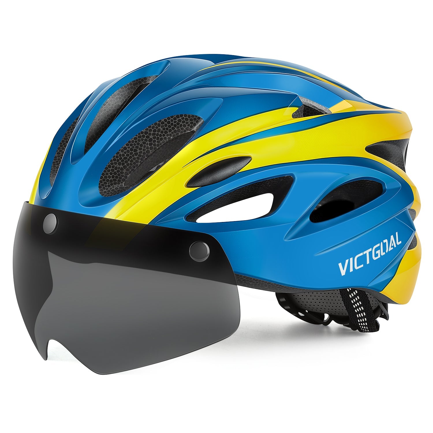 Blue and yellow VICTGOAL helmet with tinted shield, side view