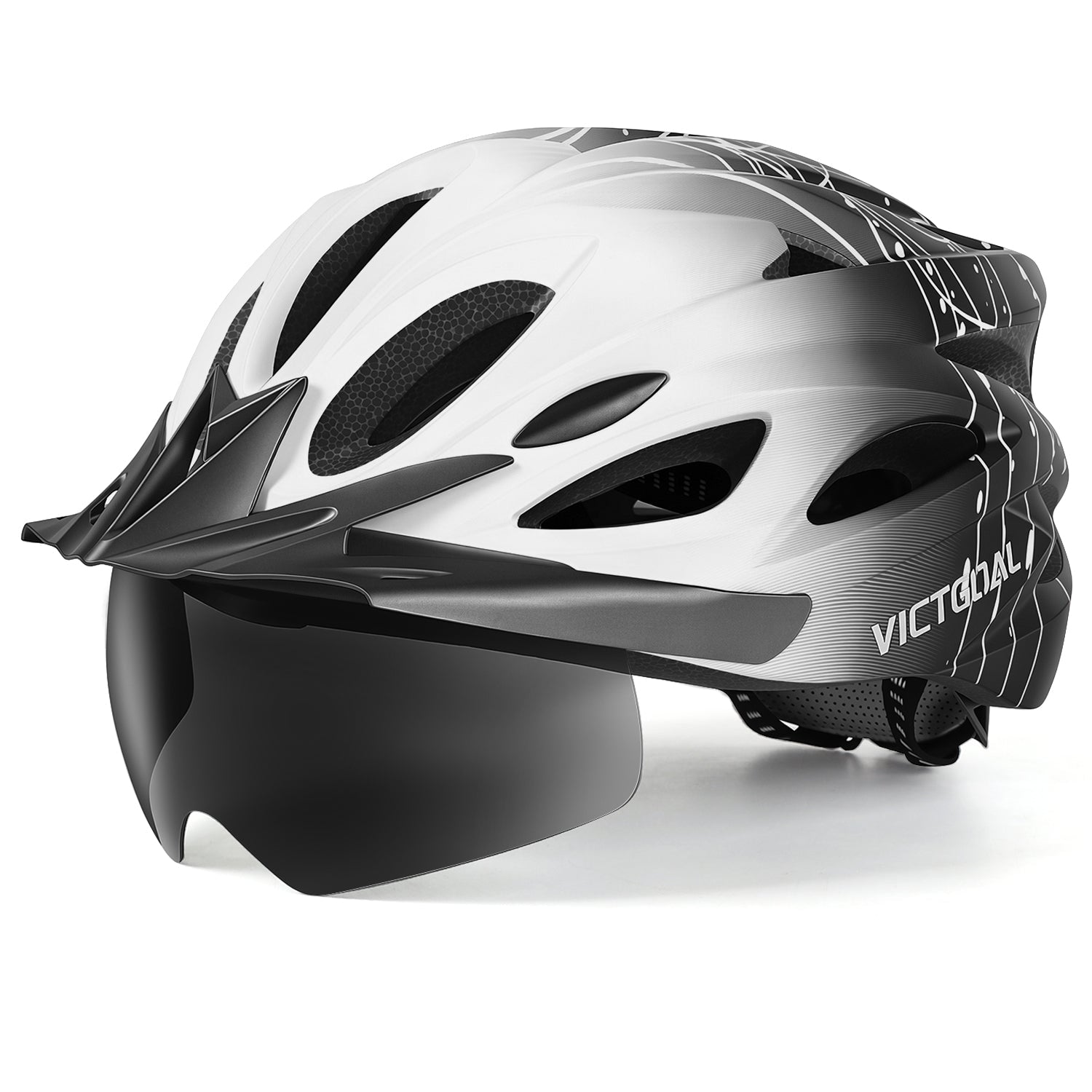 White and black VICTGOAL helmet with tinted shield, side view