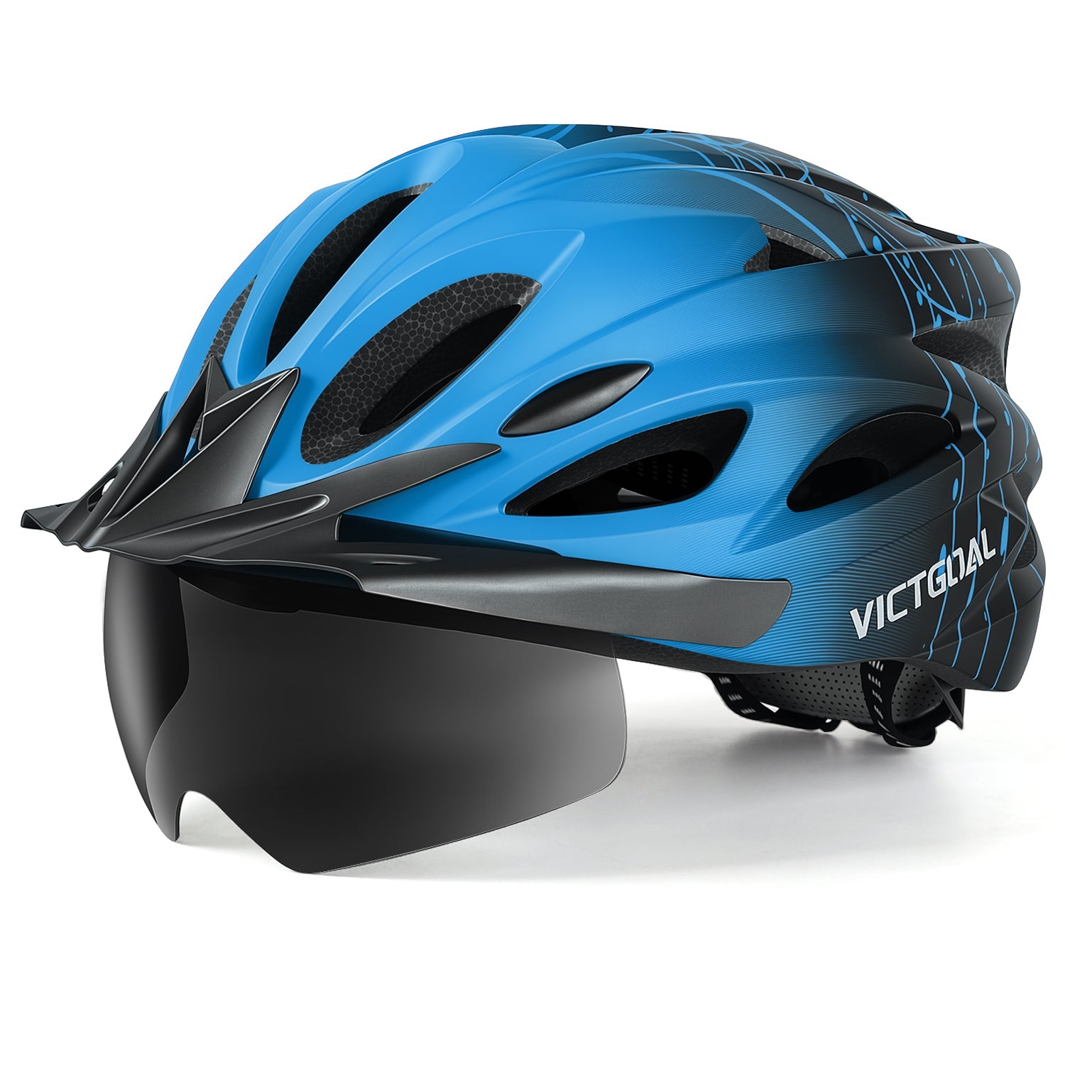 Blue and black VICTGOAL helmet with tinted shield, side view