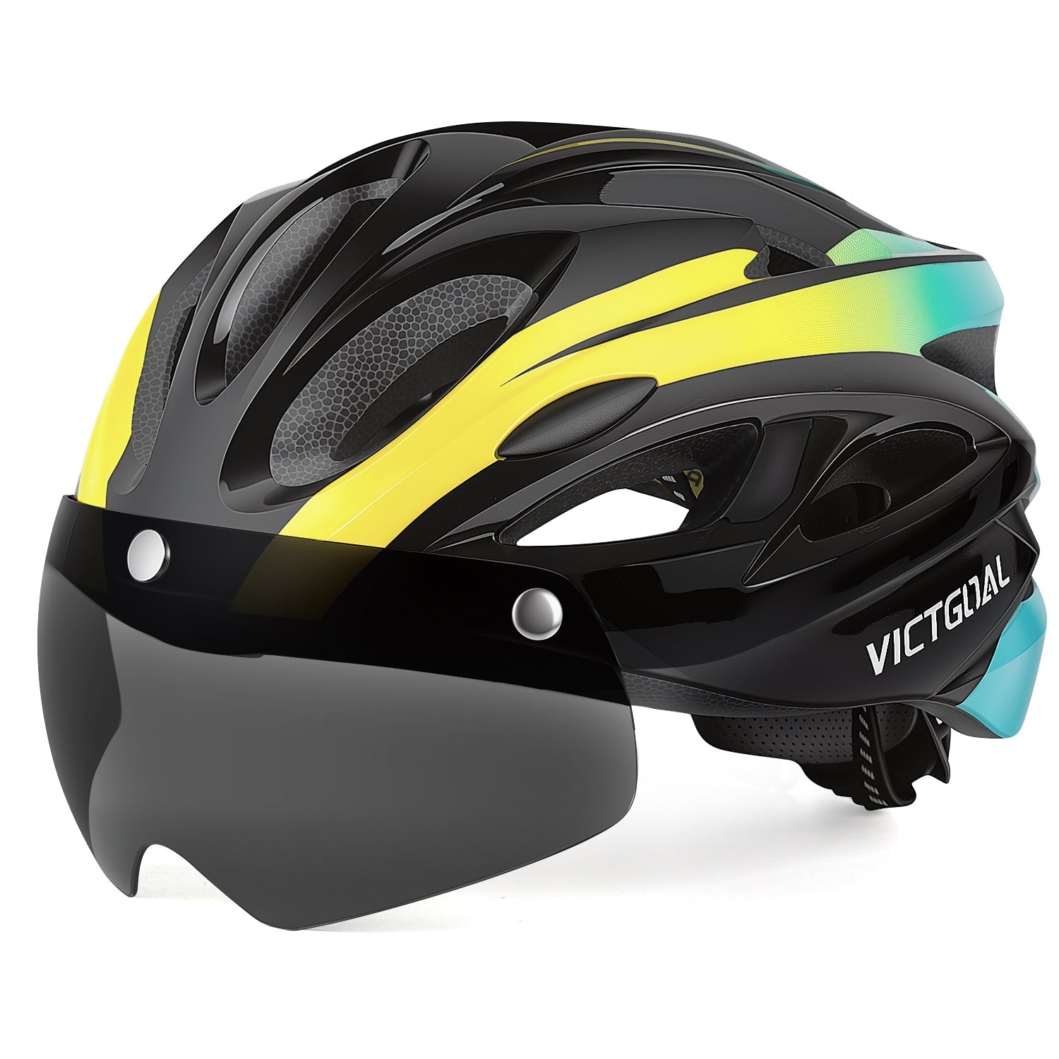 Black and cyan VICTGOAL helmet with tinted shield, side view