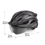 Dimension diagram of black VICTGOAL helmet with tinted shield