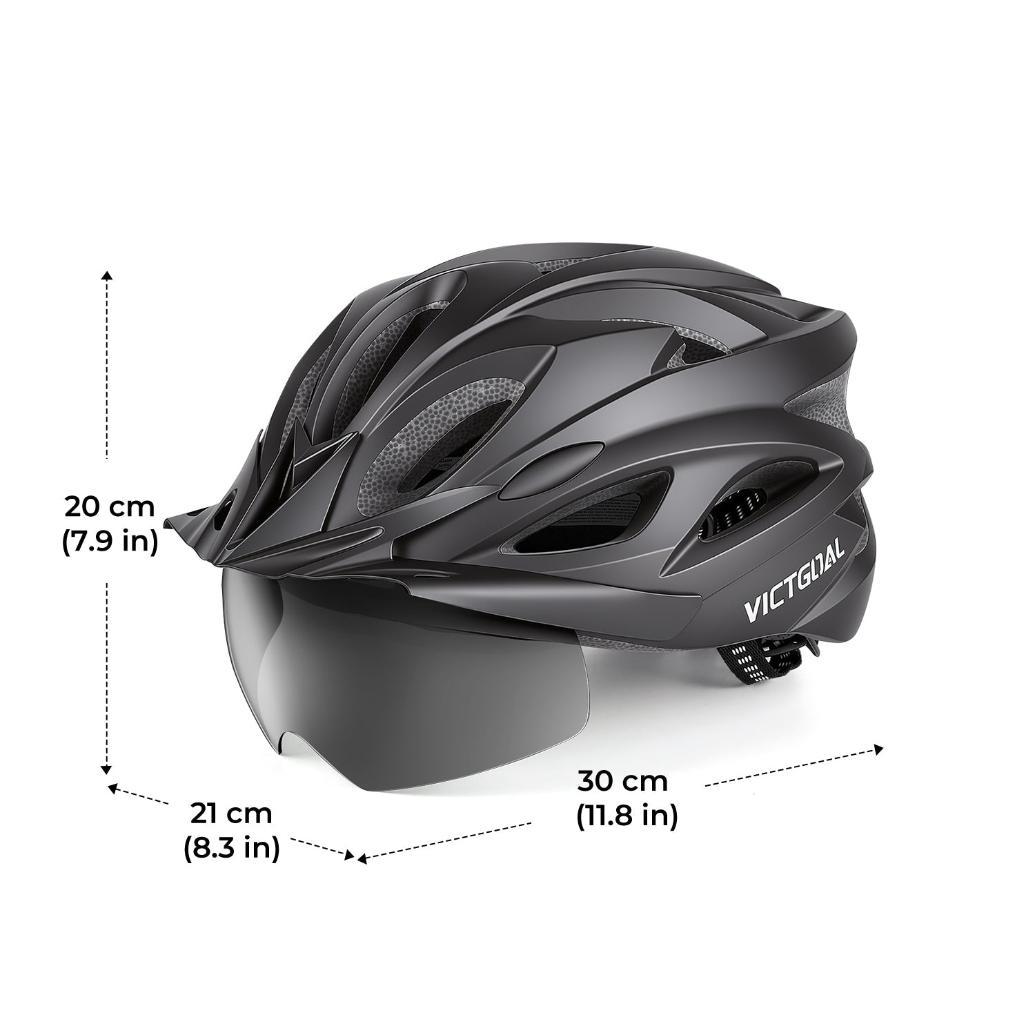 Dimension diagram of black VICTGOAL helmet with tinted shield