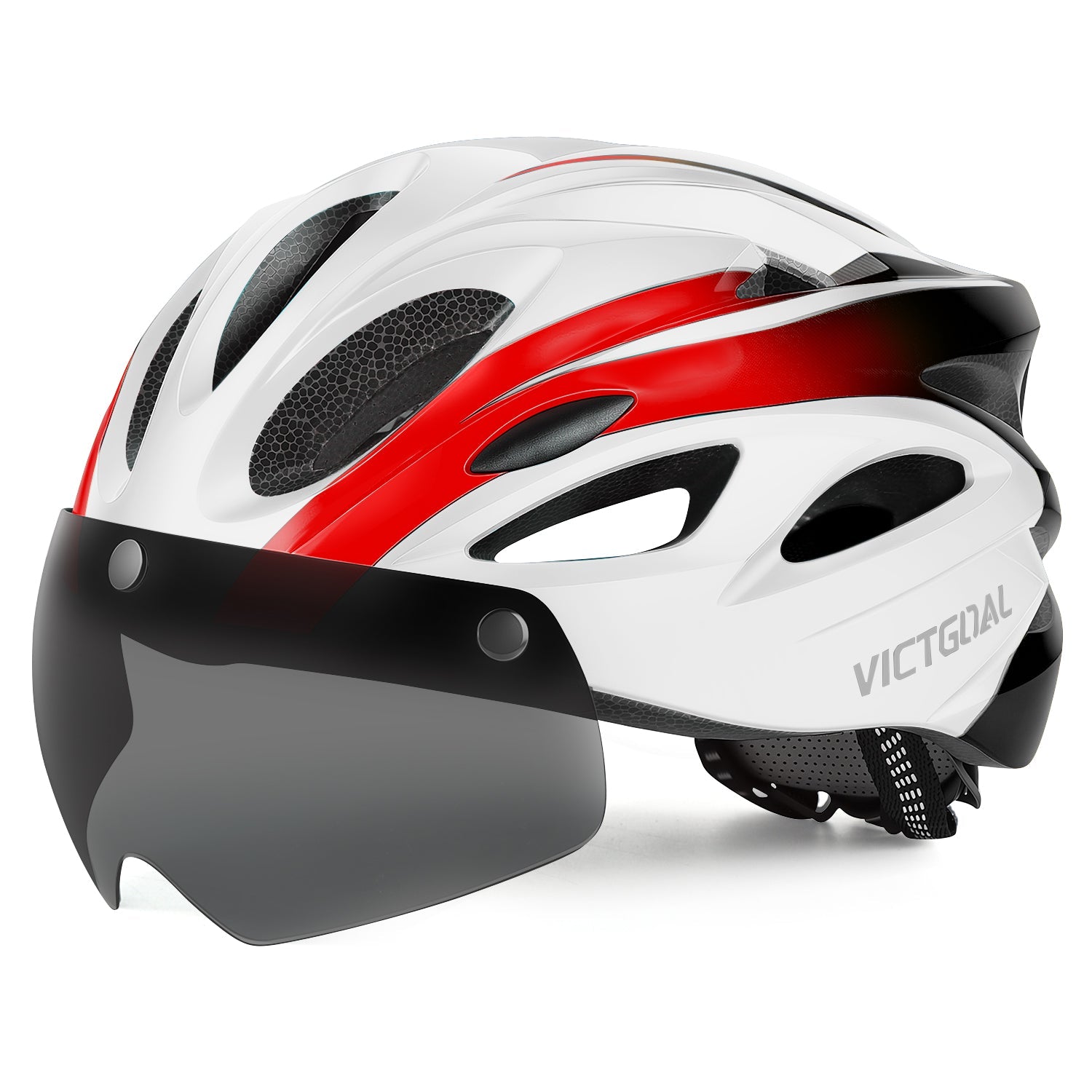 White and red VICTGOAL helmet with tinted shield, side view