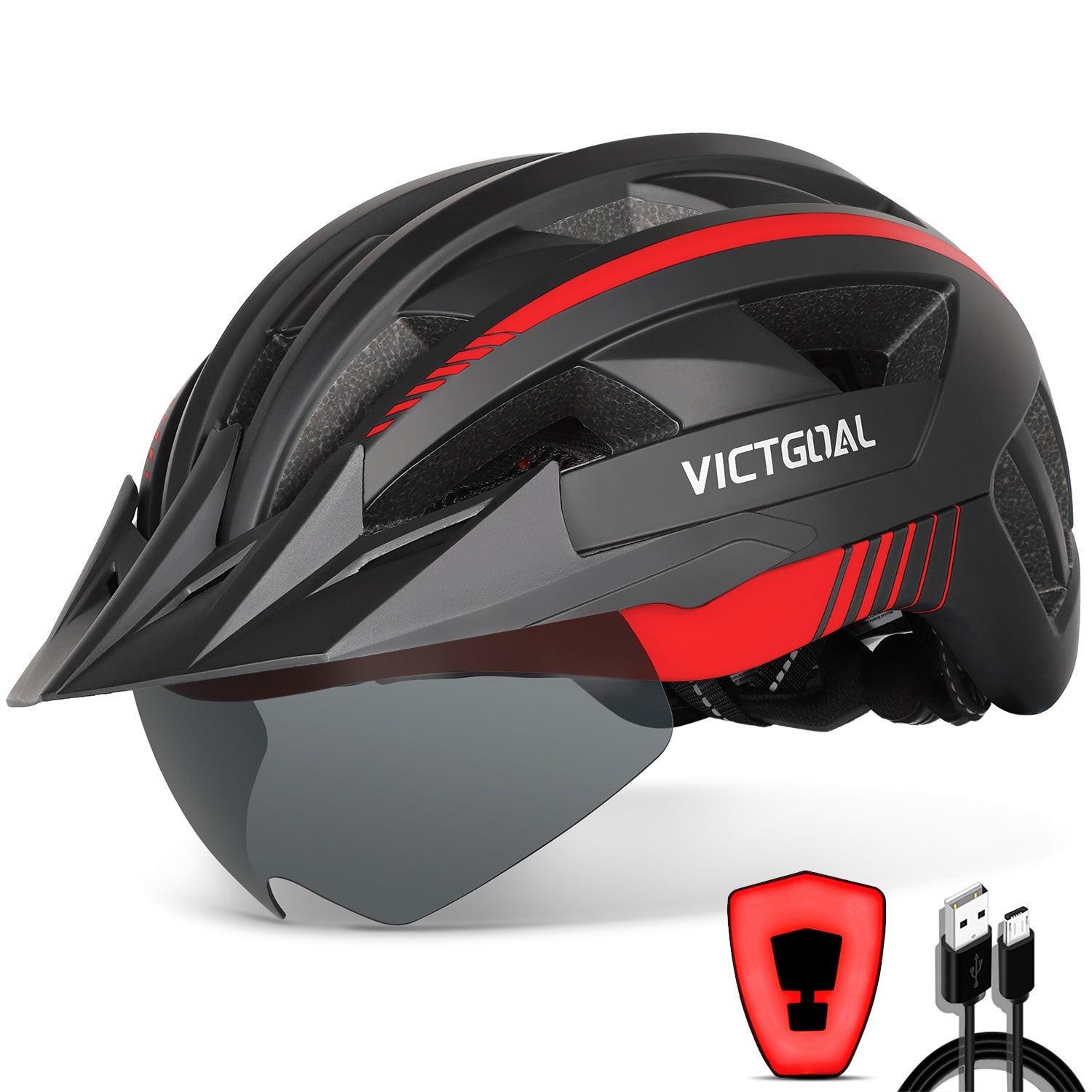 VICTGOAL Bike Helmet with USB Rechargeable Rear Light Detachable Magnetic Goggles Removable Sun Visor Mountain & Road Bicycle Helmets for Men Women Adult Cycling Helmets VICTGOAL