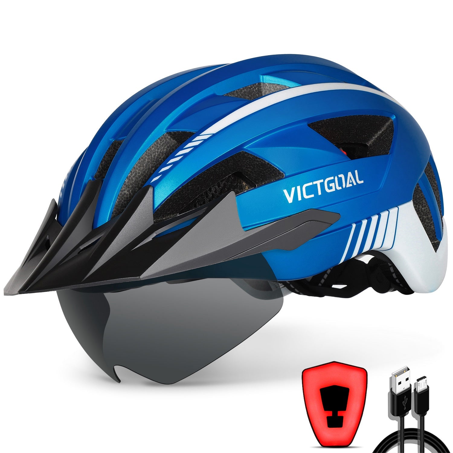 VICTGOAL Bike Helmet with USB Rechargeable Rear Light Detachable Magnetic Goggles Removable Sun Visor Mountain & Road Bicycle Helmets for Men Women Adult Cycling Helmets VICTGOAL