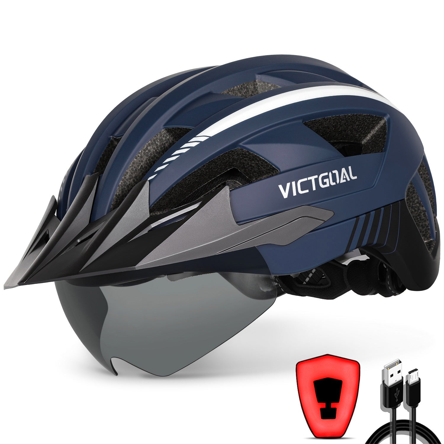 VICTGOAL Bike Helmet with USB Rechargeable Rear Light Detachable Magnetic Goggles Removable Sun Visor Mountain & Road Bicycle Helmets for Men Women Adult Cycling Helmets VICTGOAL