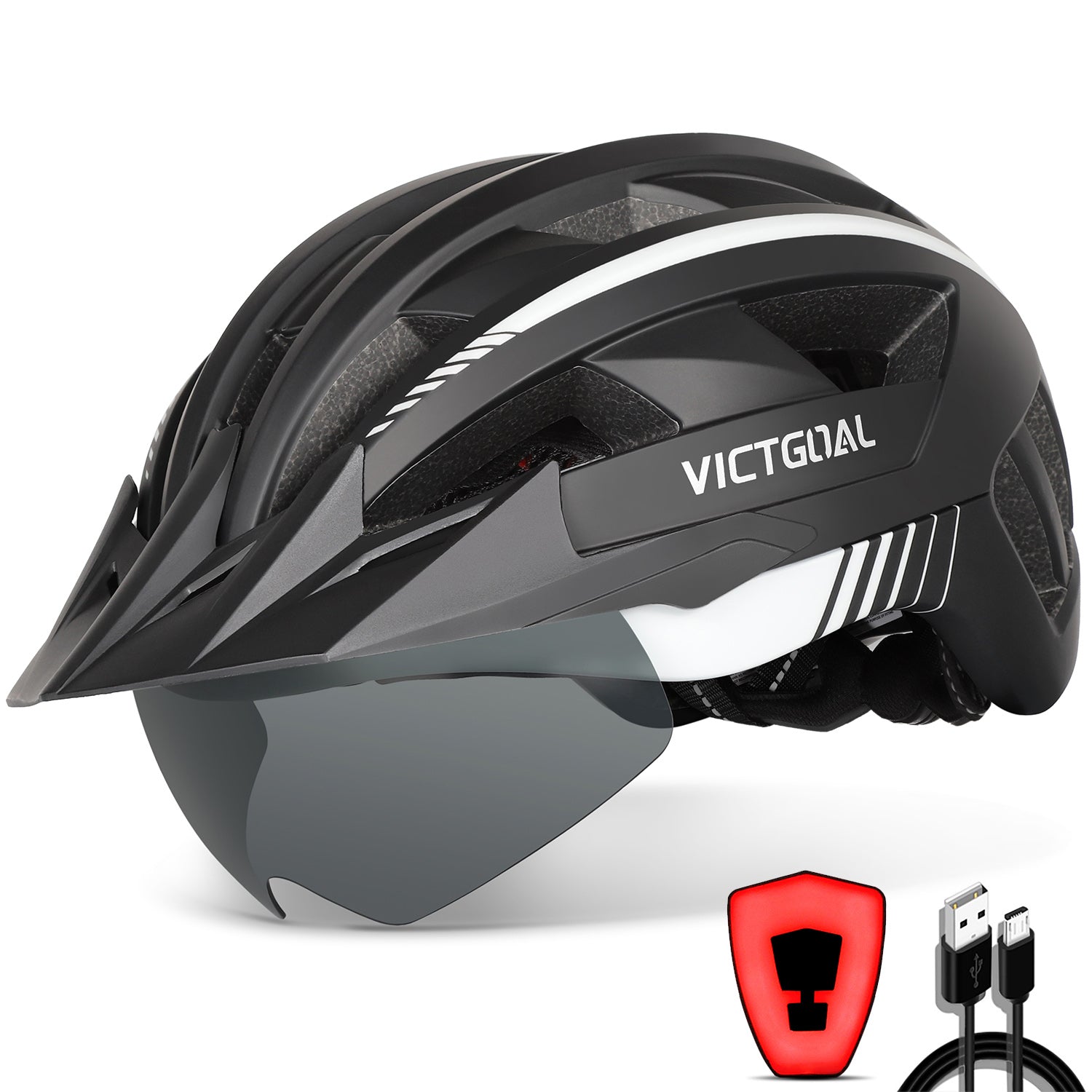 VICTGOAL Bike Helmet with USB Rechargeable Rear Light Detachable Magnetic Goggles Removable Sun Visor Mountain & Road Bicycle Helmets for Men Women Adult Cycling Helmets VICTGOAL