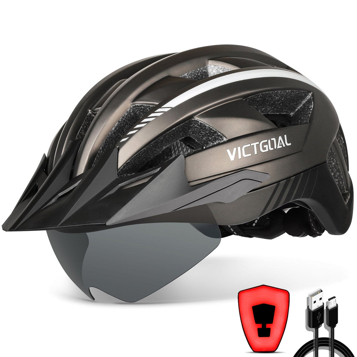 VICTGOAL Bike Helmet with USB Rechargeable Rear Light Detachable Magnetic Goggles Removable Sun Visor Mountain & Road Bicycle Helmets for Men Women Adult Cycling Helmets VICTGOAL