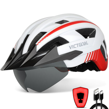 VICTGOAL Bike Helmet with USB Rechargeable Rear Light Detachable Magnetic Goggles Removable Sun Visor Mountain & Road Bicycle Helmets for Men Women Adult Cycling Helmets VICTGOAL