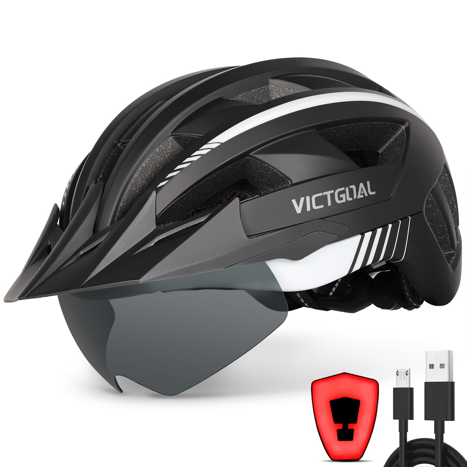 Goggles Bike Helmet w/ USB Lamp & Visor For MTB & E-bike Riders Adults Helmets VICTGOAL adultshelmets helmets