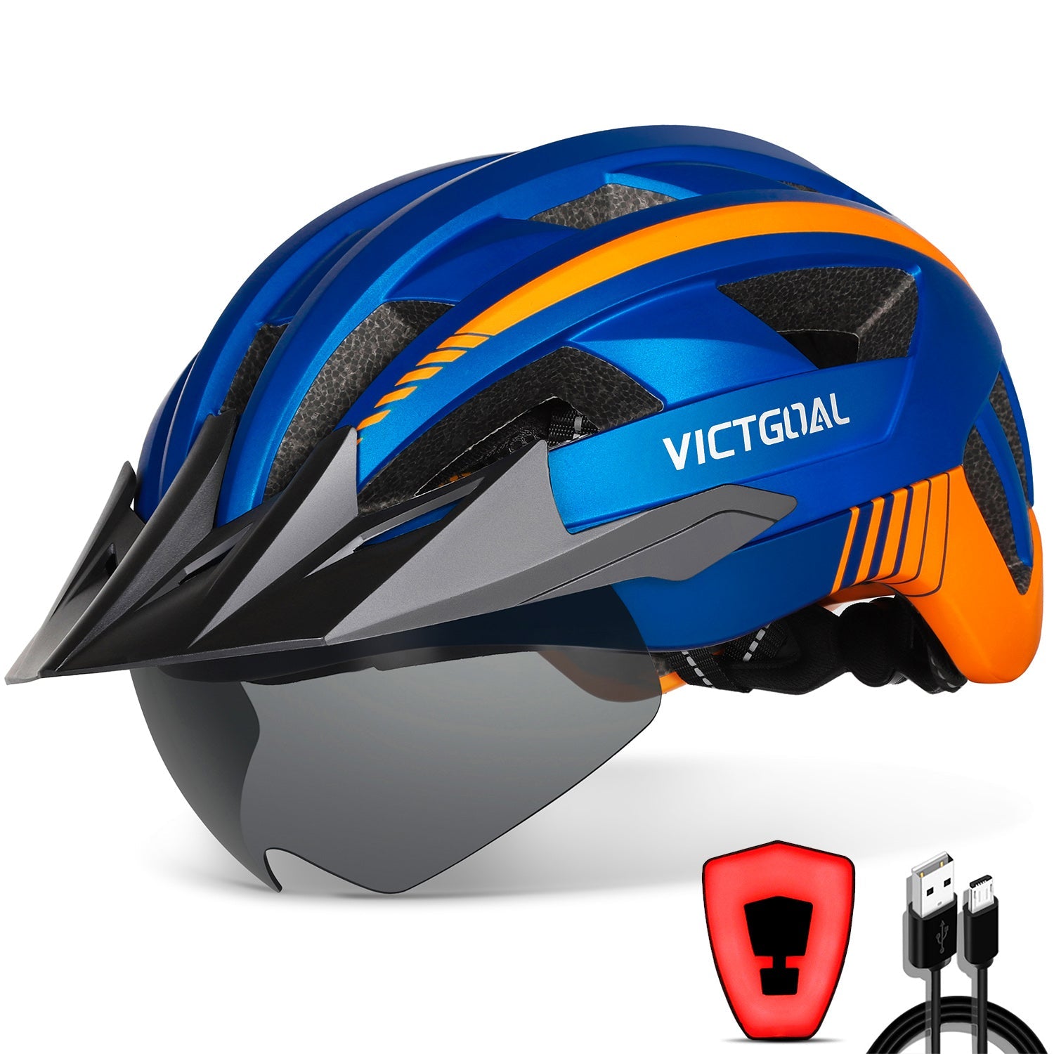 VIcTgOAL Bike Helmet with USB Rechargeable Rear Light Detachable Magnetic Goggles Removable Sun Visor Mountain Road Bicycle Helm