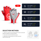 Half-finger cycling gloves size chart: palm width and circumference for S, M, L and XL
