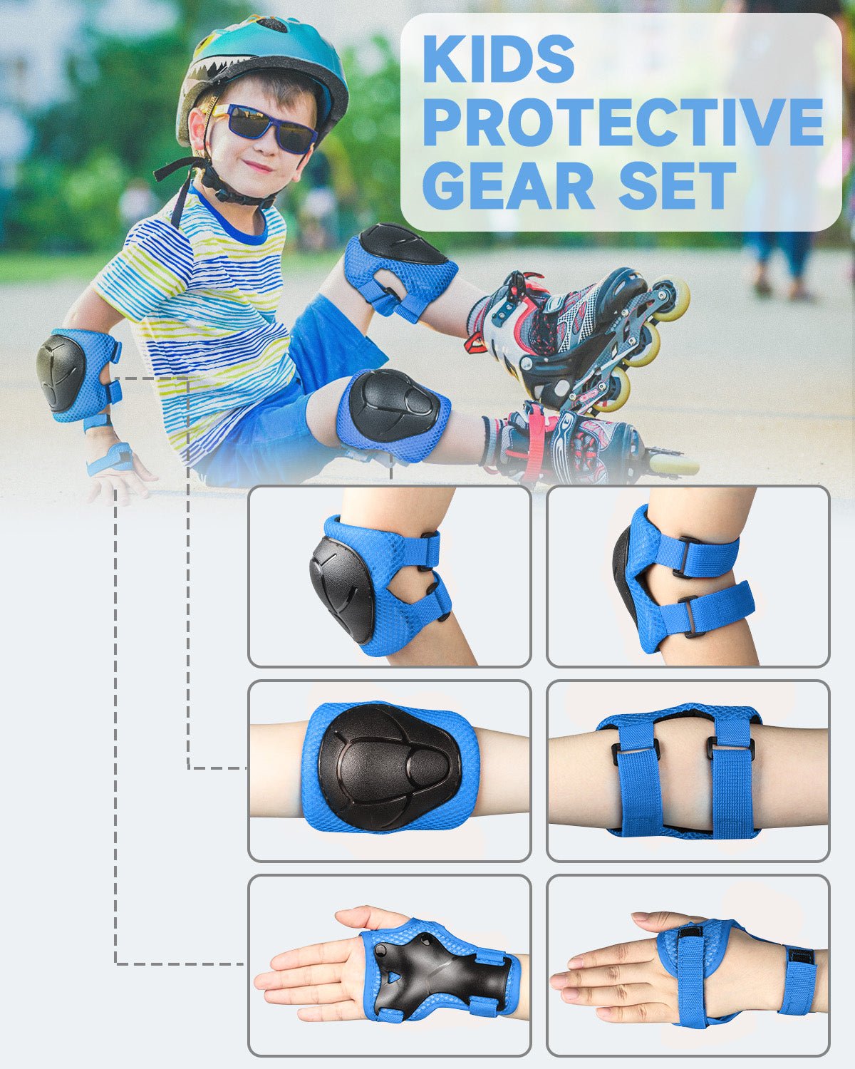 Kids knee pads, elbow pads and wrist guards protective gear set