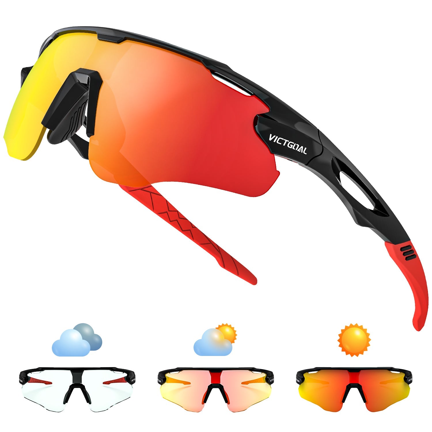 Photochromic sports sunglasses front and side view
