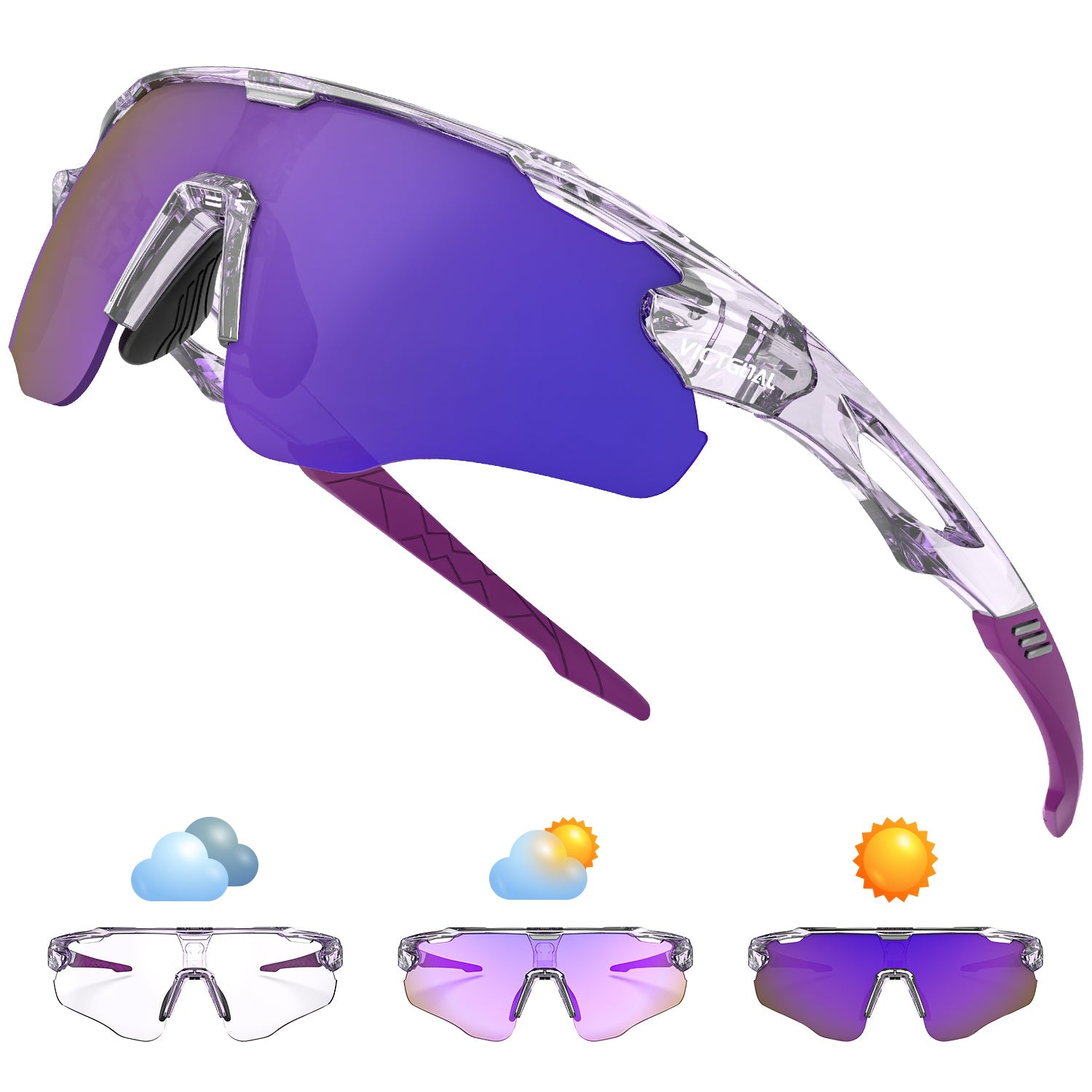 Photochromic Sports Sunglasses Baseball Cycling Runing Eywear Purple Crystal frame