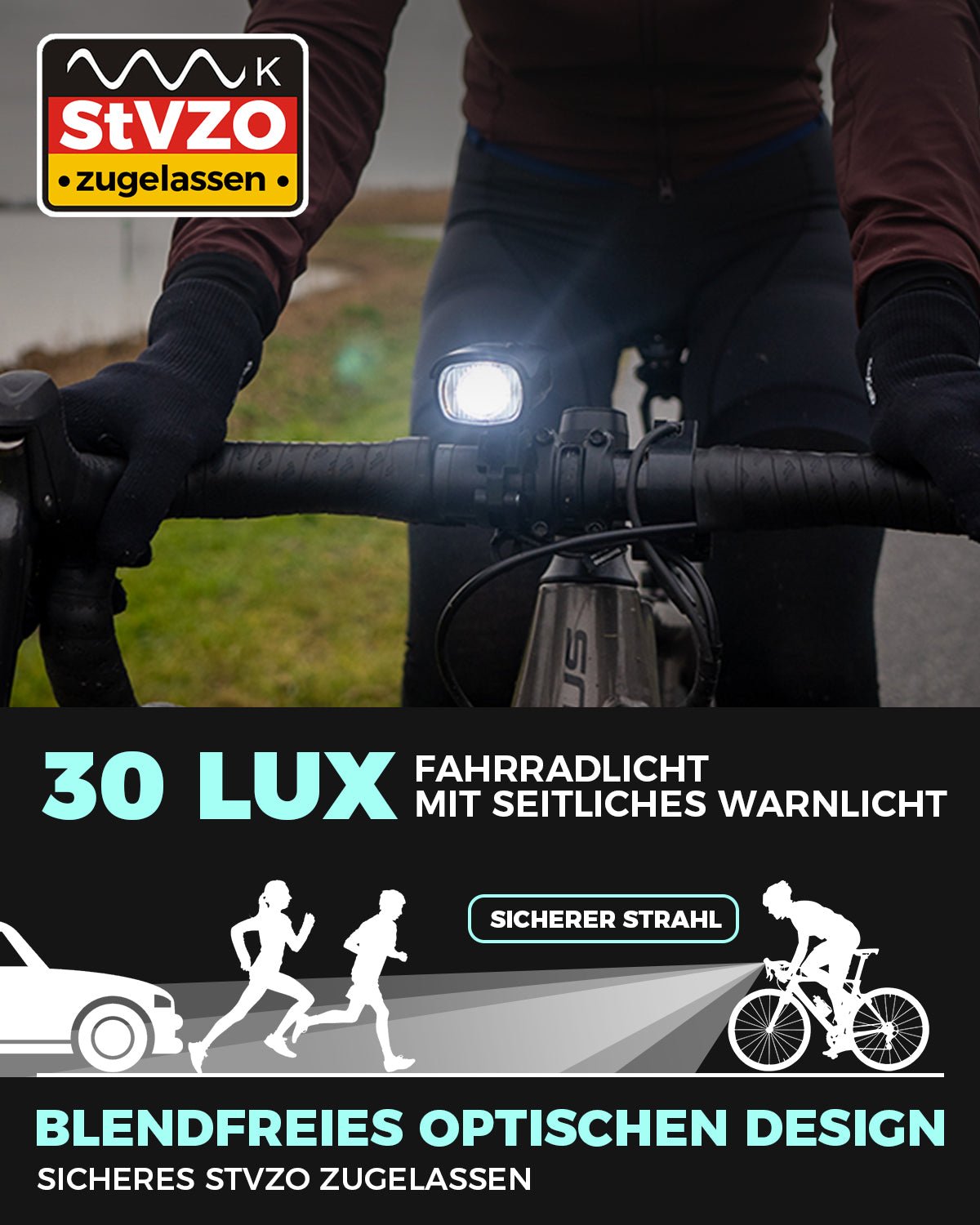 Front and rear bicycle light set for compliant road visibility